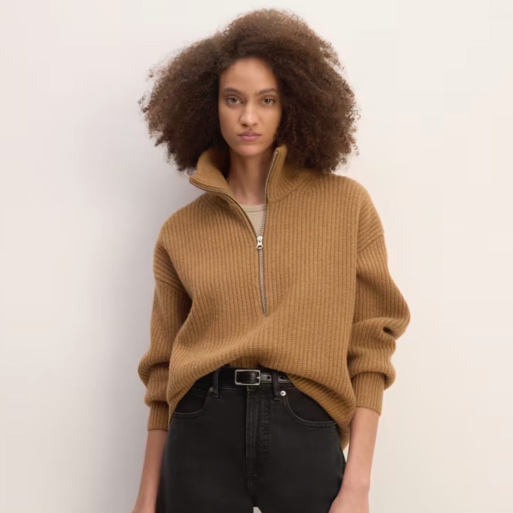 Everlane The Felted Merino Half-Zip Sweater in Deep Camel XS